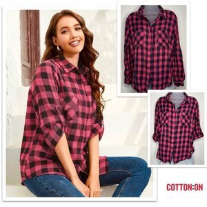 Cotton On Roll Up Long Sleeve Hidden Button Down Gingham Casual. Size Small